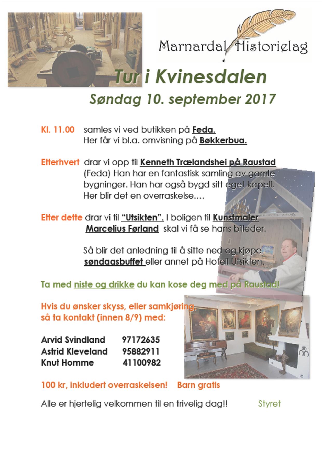 Plakat for tur til Kvinesdalen 10. sept 2017 Marnardal historielag